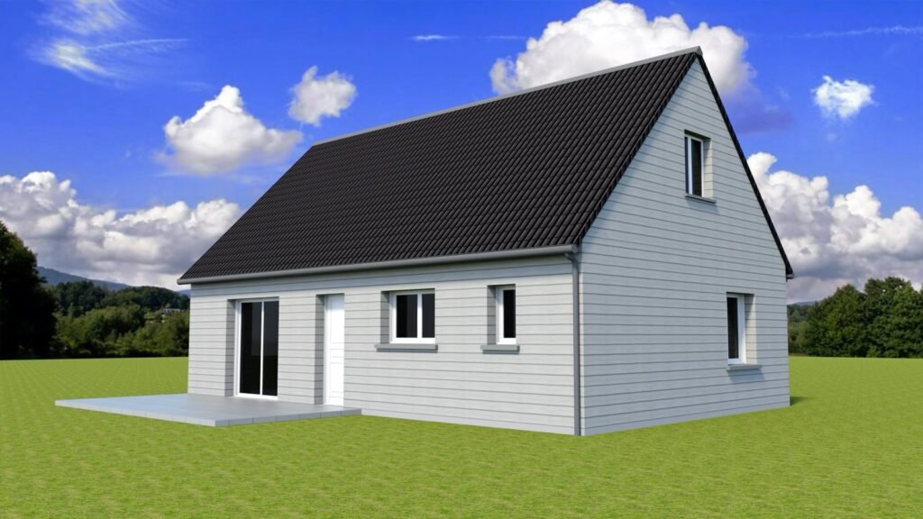 Maison en bois, toit ardoise, grandes fenêtres, terrasse, environnement verdoyant, ciel nuageux.