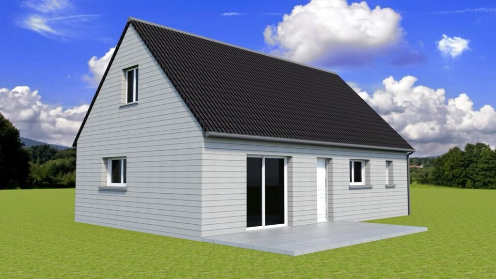 Maison moderne de plain-pied en gris avec toit noir, entourée de verdure et ciel partiellement nuageux.